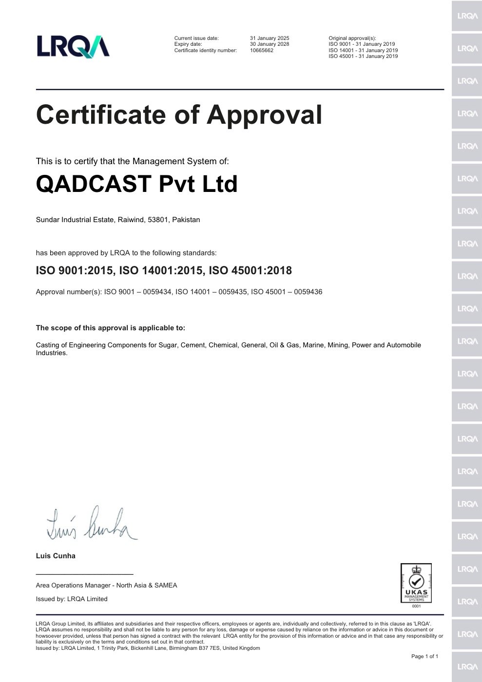 Qadcast IMS Certificate of Approval — ISO 9001, 14001, 45001