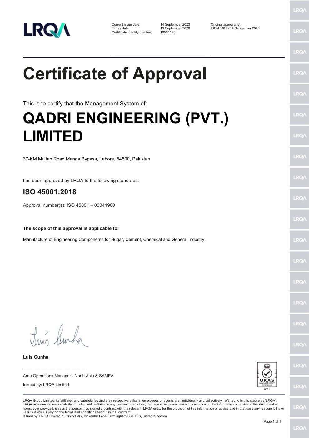 Qadri Engineering ISO 45001:2018 Certificate of Approval