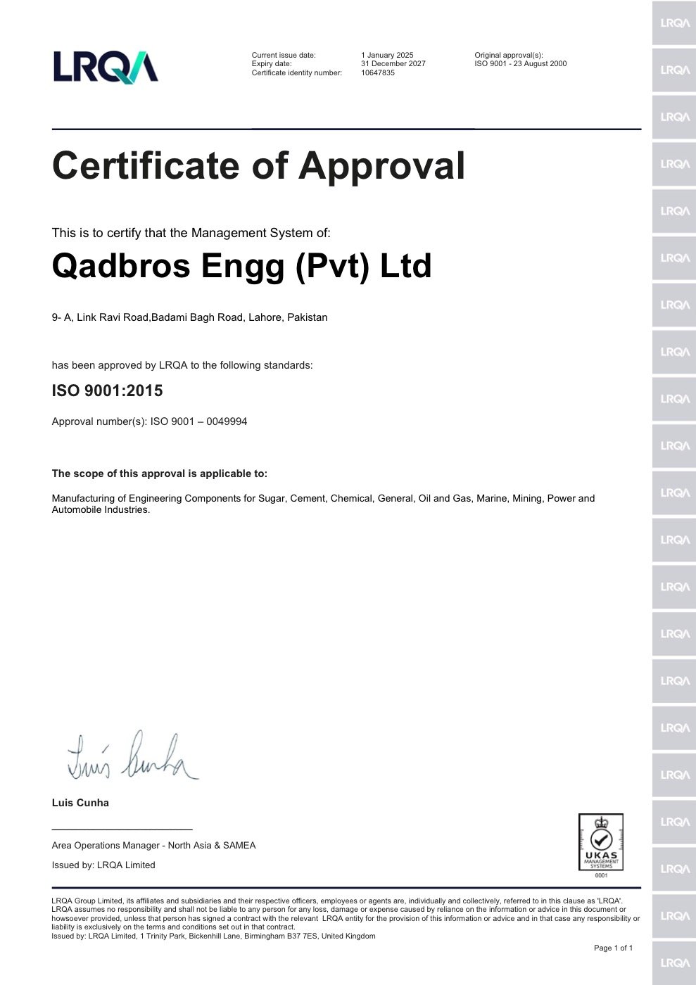 Qadbros Engineering ISO 9001:2015 Certificate of Approval