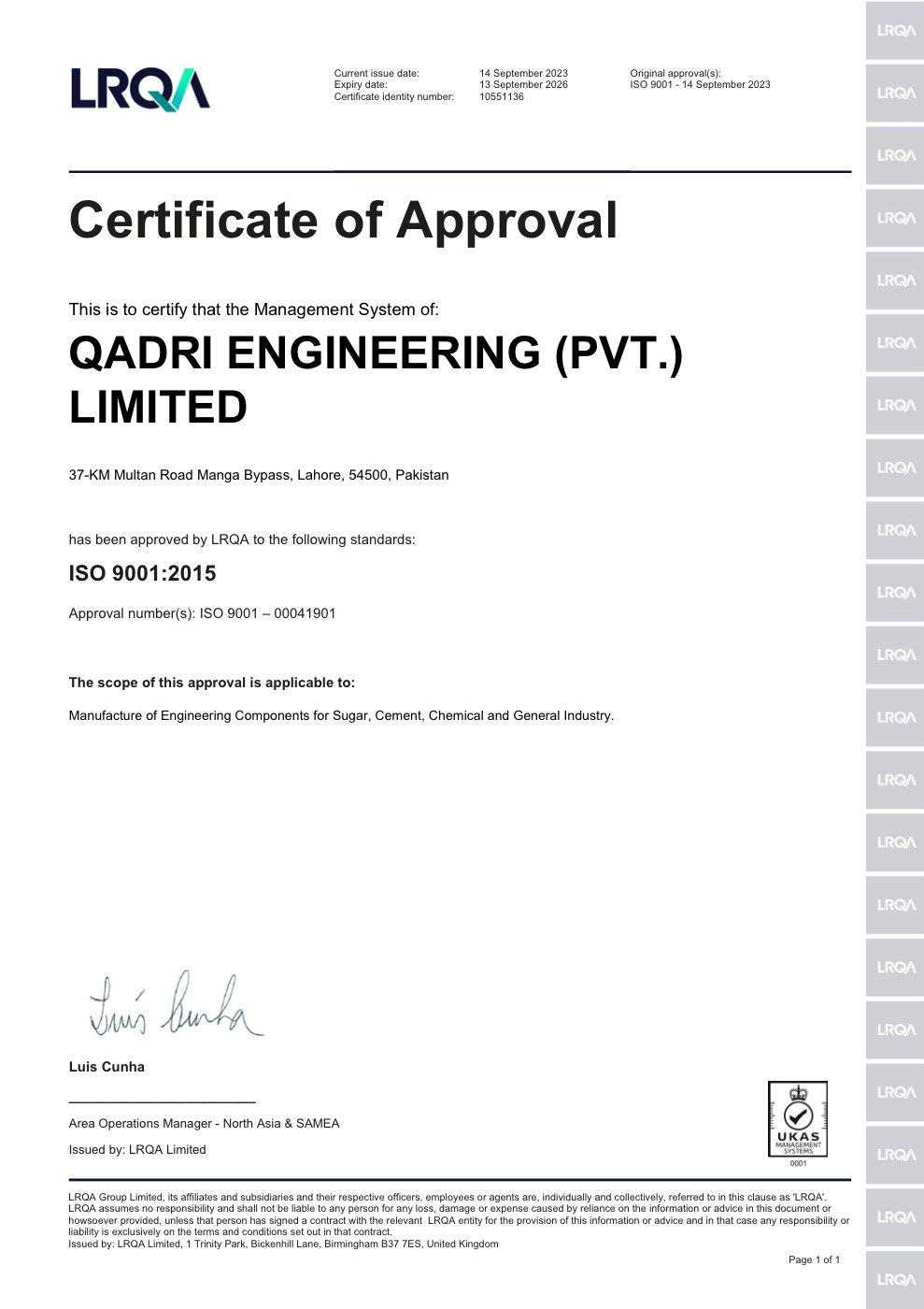 Qadri Engineering ISO 9001:2015 Certificate of Approval